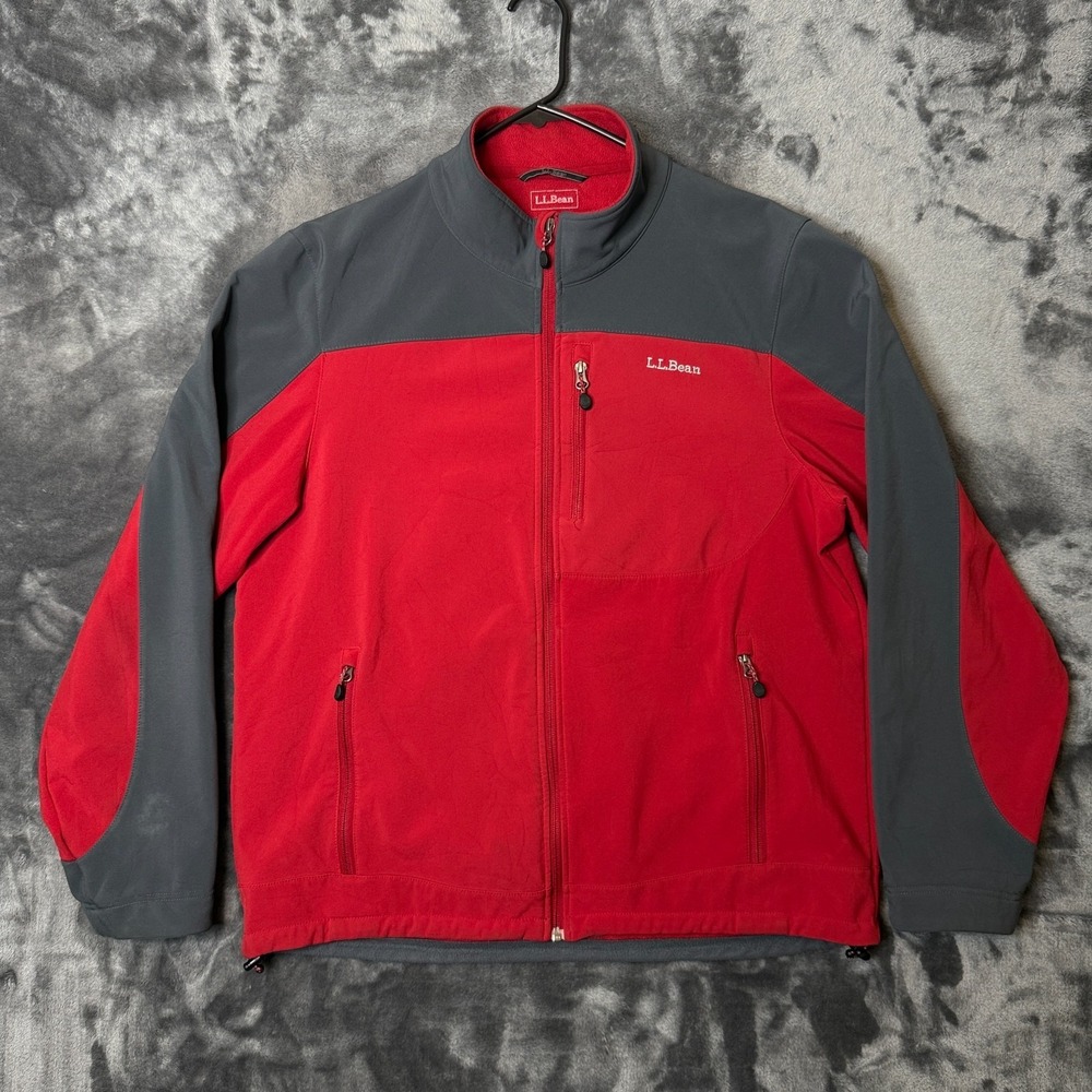 L.L. Bean Mens Outdoor Long Sleeve Turtle Neck Red Gray Large Fleece Jacket